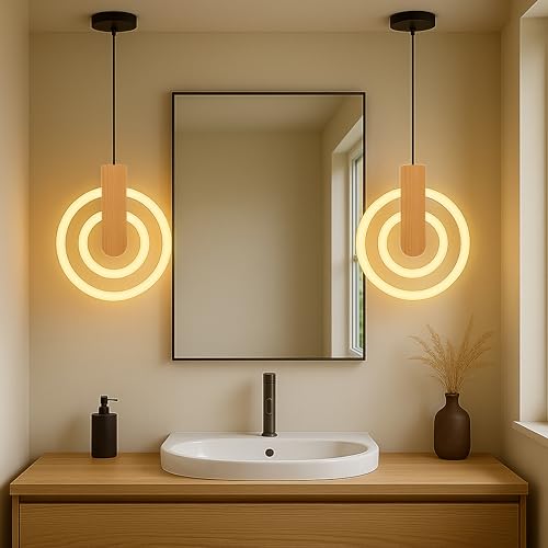 Lamp master Lampmaster Modern 2-Ring LED Pendant Light with Wooden Accent | Warm White Glow Ceiling Hanging Lamp | Elegant Chandelier for Dining Room, Bedroom, Living Room, Restaurants, Coffee Shop & Office - Image 1