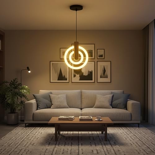 Lamp master Lampmaster Modern 2-Ring LED Pendant Light with Wooden Accent | Warm White Glow Ceiling Hanging Lamp | Elegant Chandelier for Dining Room, Bedroom, Living Room, Restaurants, Coffee Shop & Office - Image 3