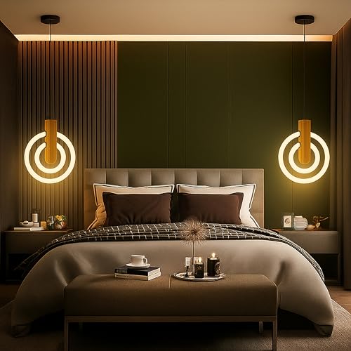 Lamp master Lampmaster Modern 2-Ring LED Pendant Light with Wooden Accent | Warm White Glow Ceiling Hanging Lamp | Elegant Chandelier for Dining Room, Bedroom, Living Room, Restaurants, Coffee Shop & Office - Image 2
