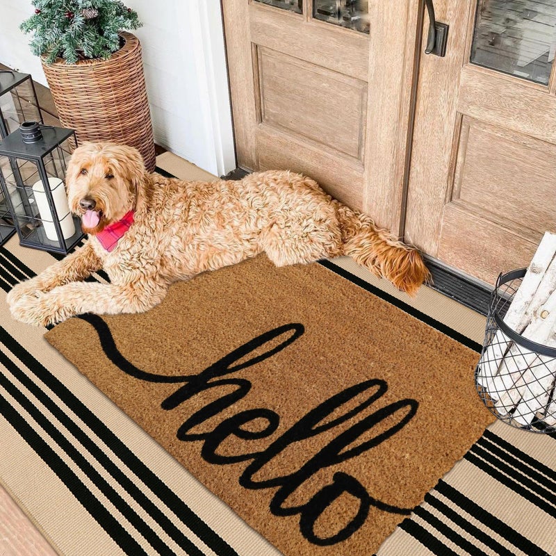 Sungea Sungea Black and Khaki Striped Rugs 3x5  Outdoor Cotton Hand Woven Front Door Mat Washable Reversible Layered Door Mats  Foldable Front Porch Rug for Entryway/Home Entrance/Farmhouse  - Image 1