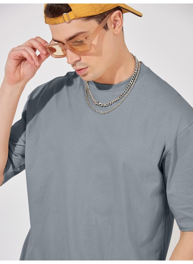 Maniac Mens Solid Round Neck 3/4th Sleeve Light Grey Color Tshirt and Light Grey Short Cotton Oversized Fit Co-Ords  - Image 4