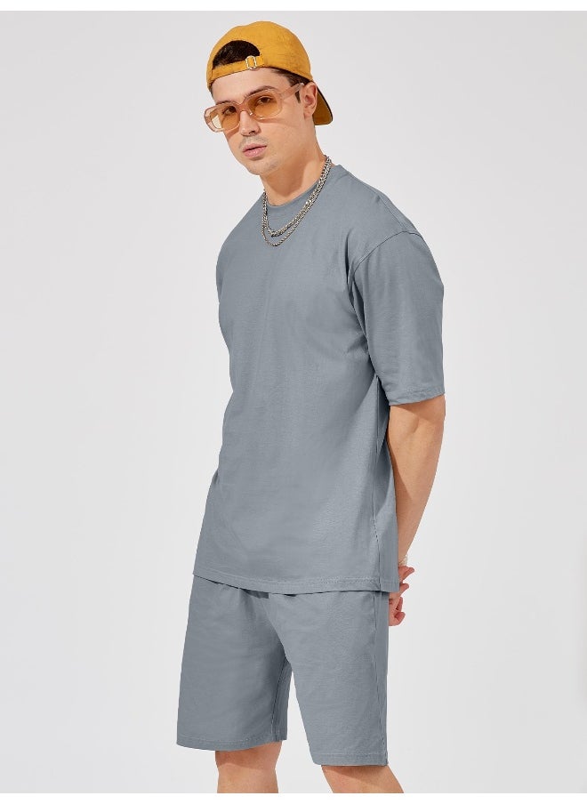 Maniac Mens Solid Round Neck 3/4th Sleeve Light Grey Color Tshirt and Light Grey Short Cotton Oversized Fit Co-Ords  - Image 2