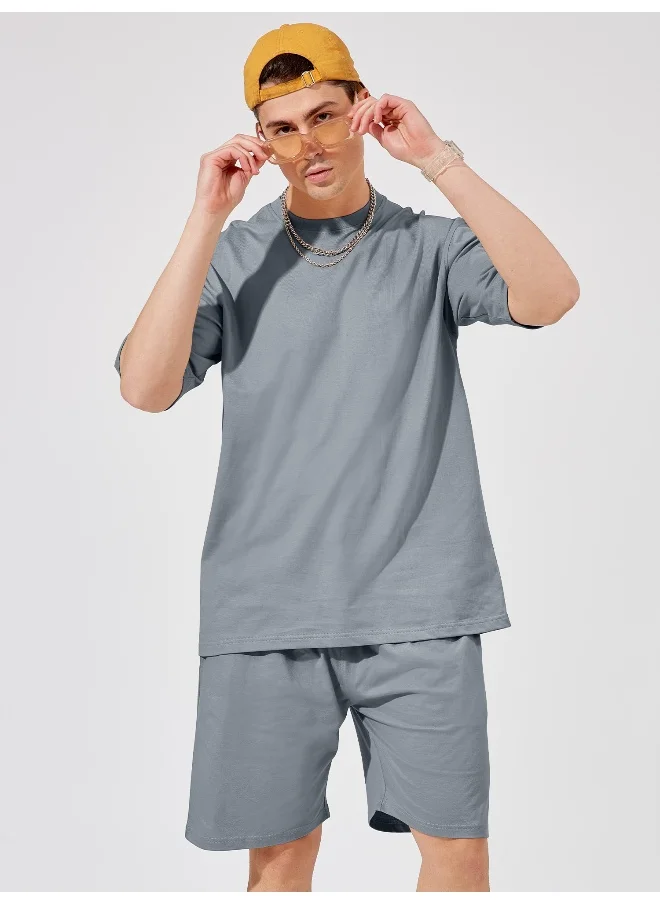 مانياك Mens Solid Round Neck 3/4th Sleeve Light Grey Color Tshirt and Light Grey Short Cotton Oversized Fit Co-Ords