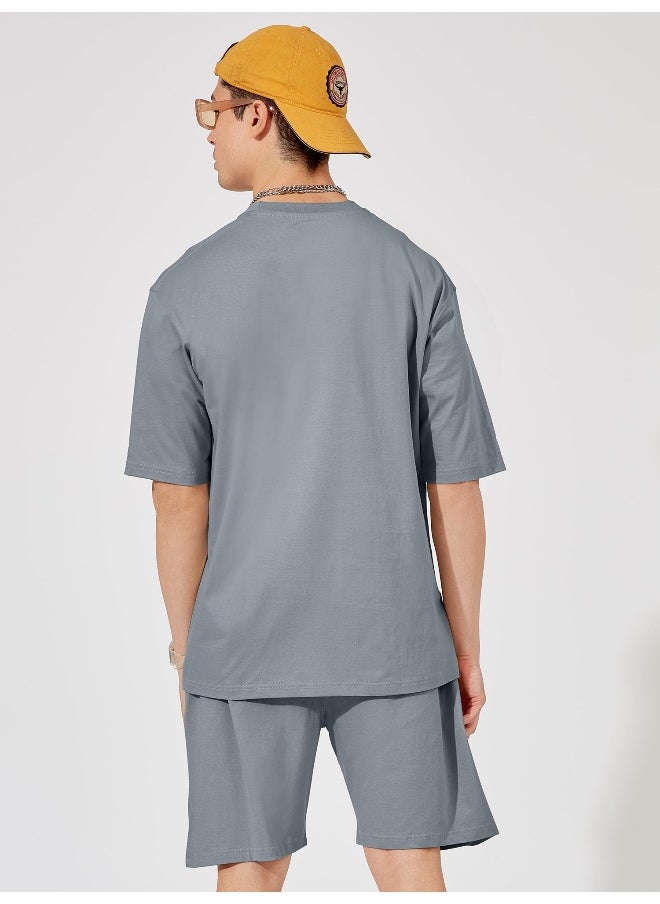 Maniac Mens Solid Round Neck 3/4th Sleeve Light Grey Color Tshirt and Light Grey Short Cotton Oversized Fit Co-Ords  - Image 3
