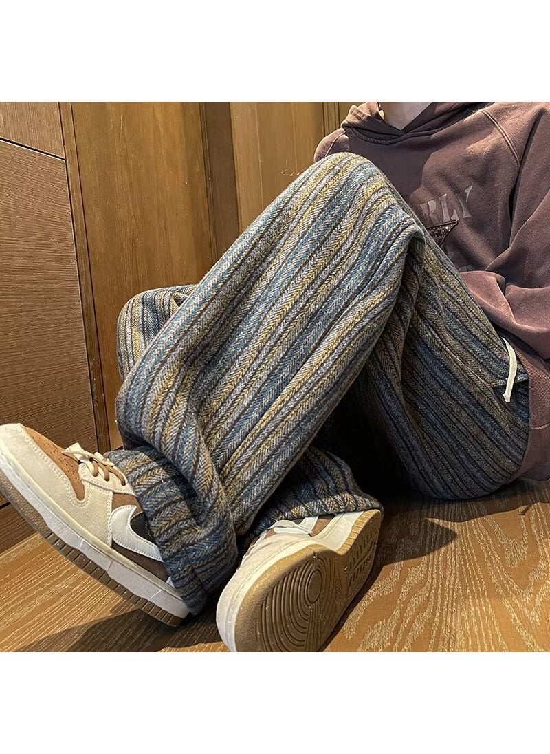 Retro Striped Wool Trousers Mens Wide-Leg Maillard
