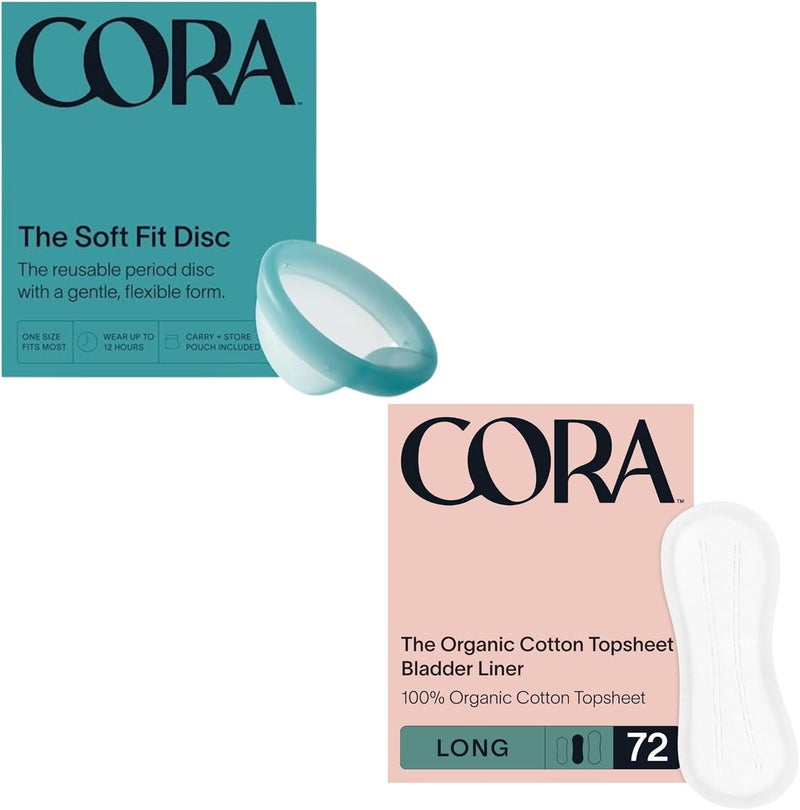 Cora Organic Feminine Care  Reusable Soft Menstrual Disc and Menstrual Cup and 72 Long Bladder Liners Incontinence  Postpartum Pads  Bundle Pack - Image 1
