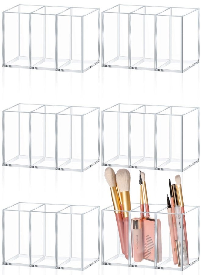 Seajan 6 Pack Acrylic Pen Holder 3 Compartments Clear Pencil Organizer Holder Makeup Brush Organizer for School Classroom Office Home Desktop Supplies Desk Accessories - Image 1