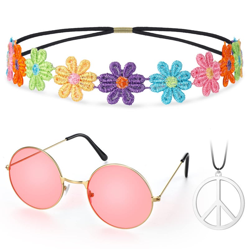 Fiada Hippie Costume Set 60s Round Glasses Peace Sign Necklace Daisy Sunflowers Headband Hippie Accessories for Women Men Fancy Dress Hippie Party Accessories (Pink, Colourful) - Image 1
