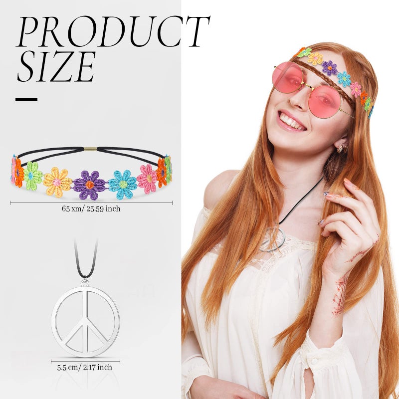 Fiada Hippie Costume Set 60s Round Glasses Peace Sign Necklace Daisy Sunflowers Headband Hippie Accessories for Women Men Fancy Dress Hippie Party Accessories (Pink, Colourful) - Image 2
