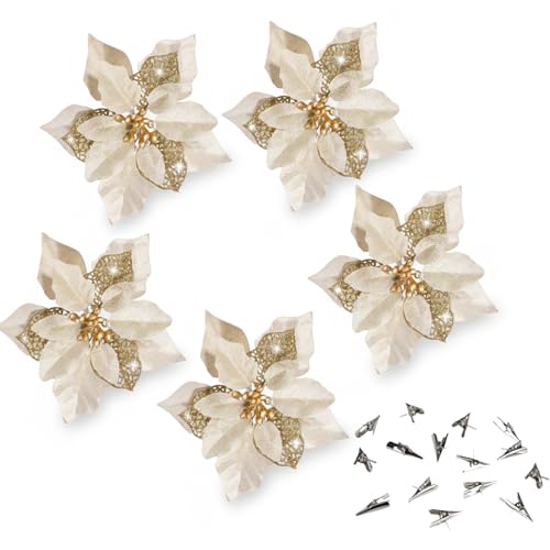 Curated Cart Artificial Christmas Poinsettia Flowers for Tree Decoration | Glitter Xmas Flowers for Christmas Tree, Home Décor, Wreaths & Holiday Decorations (Gold - D2, Pack of 12) - Image 1