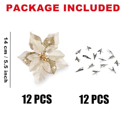 Curated Cart Artificial Christmas Poinsettia Flowers for Tree Decoration | Glitter Xmas Flowers for Christmas Tree, Home Décor, Wreaths & Holiday Decorations (Gold - D2, Pack of 12) - Image 2