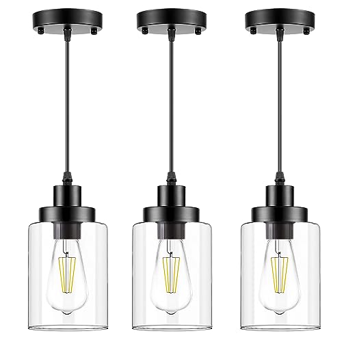WimiSom Industrial Pendant Lighting, Modern Clear Glass Shade Farmhouse Adjustable Hanging Light Fixtures for Kitchen Island Living Room Bedroom Hallway, 3-Pack - Image 1