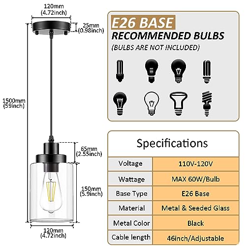 WimiSom Industrial Pendant Lighting, Modern Clear Glass Shade Farmhouse Adjustable Hanging Light Fixtures for Kitchen Island Living Room Bedroom Hallway, 3-Pack - Image 2