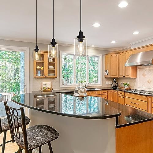 WimiSom Industrial Pendant Lighting, Modern Clear Glass Shade Farmhouse Adjustable Hanging Light Fixtures for Kitchen Island Living Room Bedroom Hallway, 3-Pack - Image 5