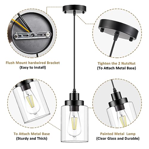 WimiSom Industrial Pendant Lighting, Modern Clear Glass Shade Farmhouse Adjustable Hanging Light Fixtures for Kitchen Island Living Room Bedroom Hallway, 3-Pack - Image 4