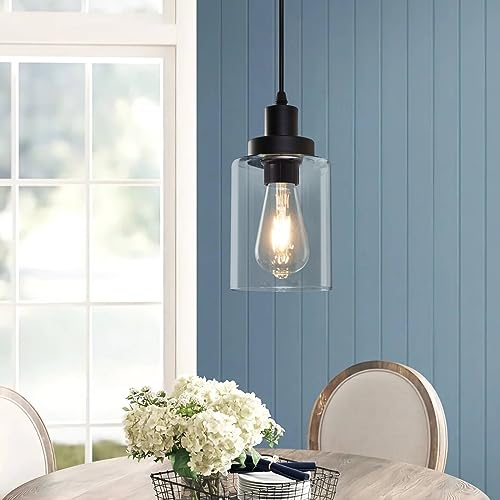 WimiSom Industrial Pendant Lighting, Modern Clear Glass Shade Farmhouse Adjustable Hanging Light Fixtures for Kitchen Island Living Room Bedroom Hallway, 3-Pack - Image 3