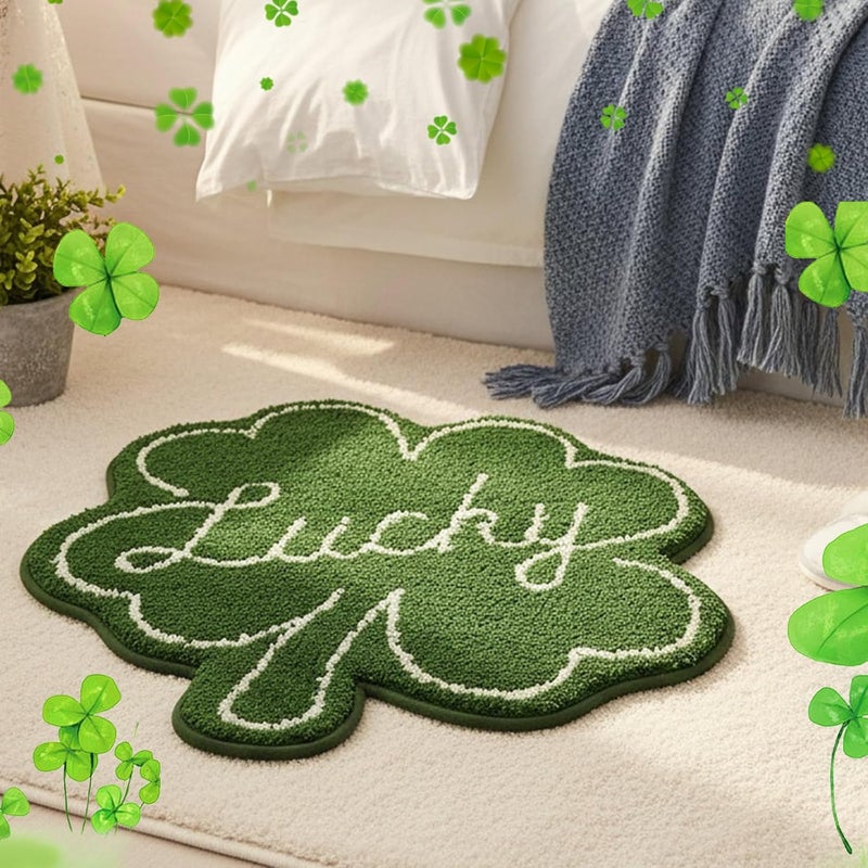 St Patricks Day Bathroom Rug Lucky Green Shamrocks Rugs Washable Irish Four Leaf Non Slip Mat Soft Cashmere St Patricks Day Rug for Bathroom Living Room Kitchen Decorations - Image 3