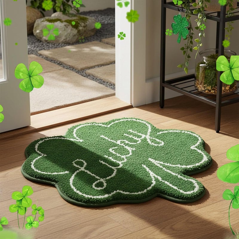 St Patricks Day Bathroom Rug Lucky Green Shamrocks Rugs Washable Irish Four Leaf Non Slip Mat Soft Cashmere St Patricks Day Rug for Bathroom Living Room Kitchen Decorations - Image 2
