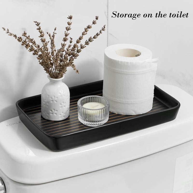 Pottify 10"Ã—6"Ã—1" Black Bathroom Vanity Tray for Countertop- Ceramic Decorative Organizer Tray for Dresser Tops, Toilet, Perfume, Sponge Holder Soap Dish Dispenser for Kitchen Counter- Golden Stripes - Image 4