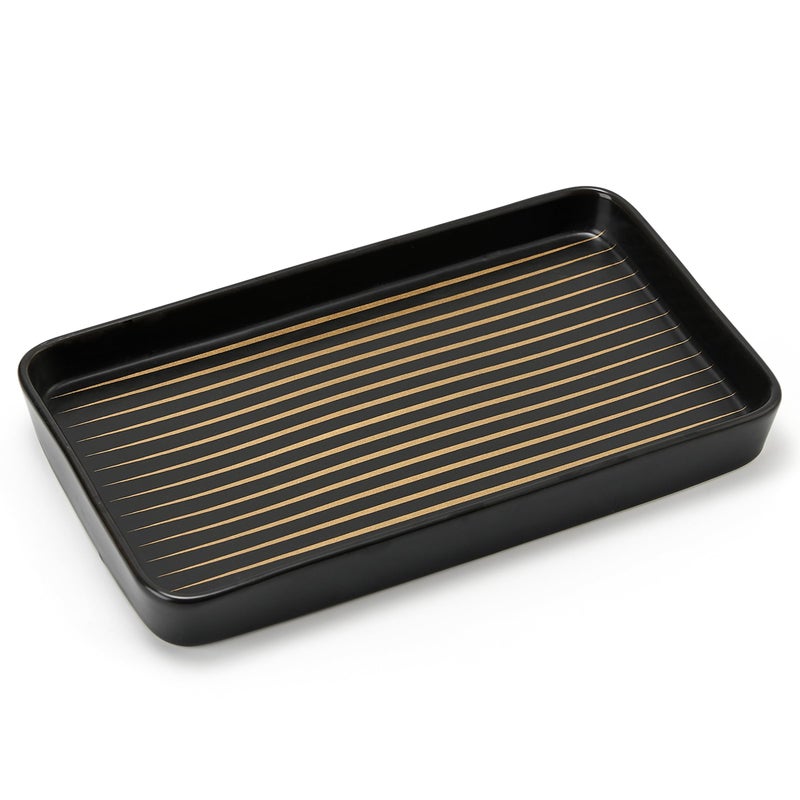 Pottify 10"Ã—6"Ã—1" Black Bathroom Vanity Tray for Countertop- Ceramic Decorative Organizer Tray for Dresser Tops, Toilet, Perfume, Sponge Holder Soap Dish Dispenser for Kitchen Counter- Golden Stripes - Image 2