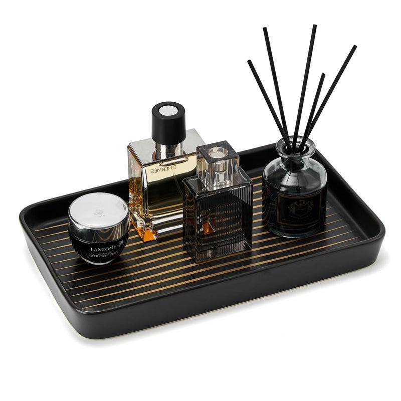 Pottify 10"Ã—6"Ã—1" Black Bathroom Vanity Tray for Countertop- Ceramic Decorative Organizer Tray for Dresser Tops, Toilet, Perfume, Sponge Holder Soap Dish Dispenser for Kitchen Counter- Golden Stripes - Image 1