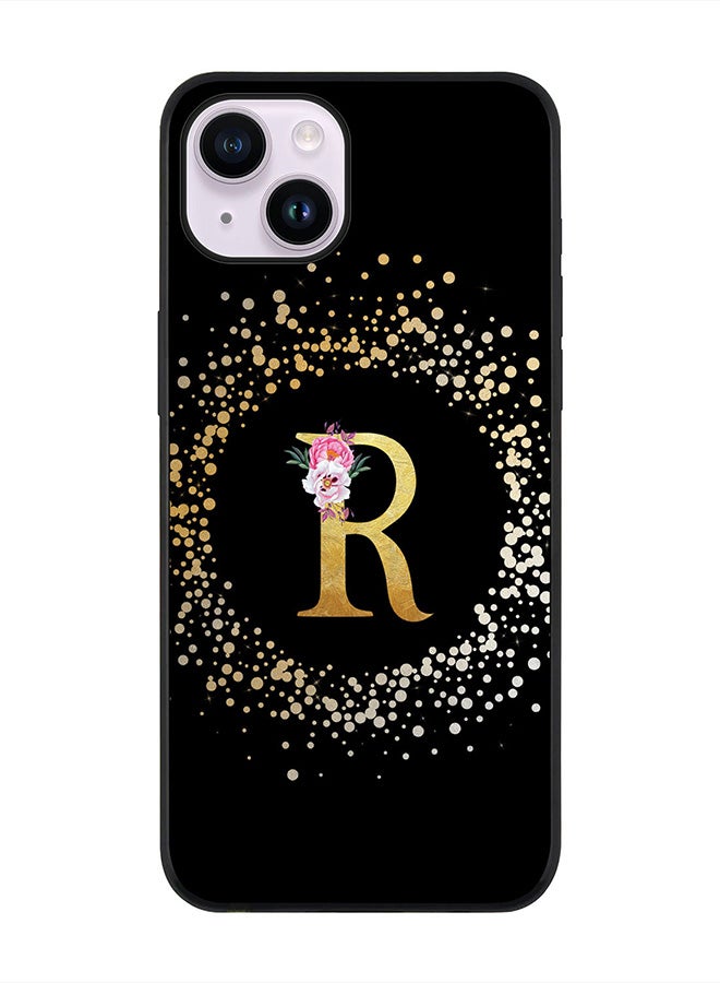 Stylizedd Rugged Black edge case for Apple iPhone 14 Plus, Soft Flexible Phone case Custom Monogram Initial Letter Floral Pattern Alphabet - R (Black) - Image 1