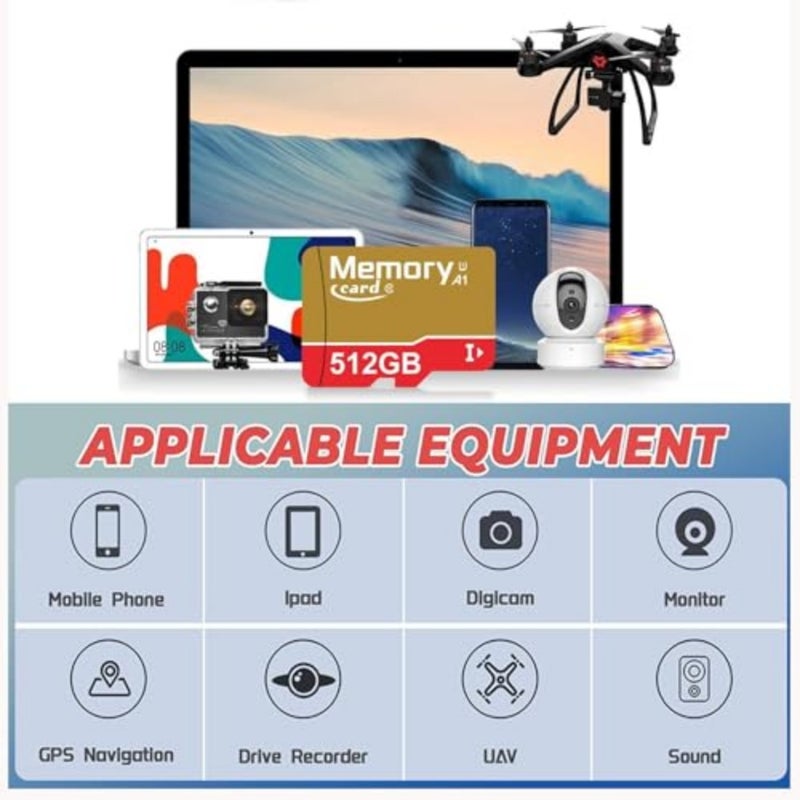مجموعة واحدة من بطاقات الذاكرة MicroXC بسعة 512 جيجابايت ومحول، بطاقة Full HD 4K UHD فئة 10 U1 عالية السرعة للكاميرا/الهاتف/تاكوغراف والكمبيوتر اللوحي - Image 2