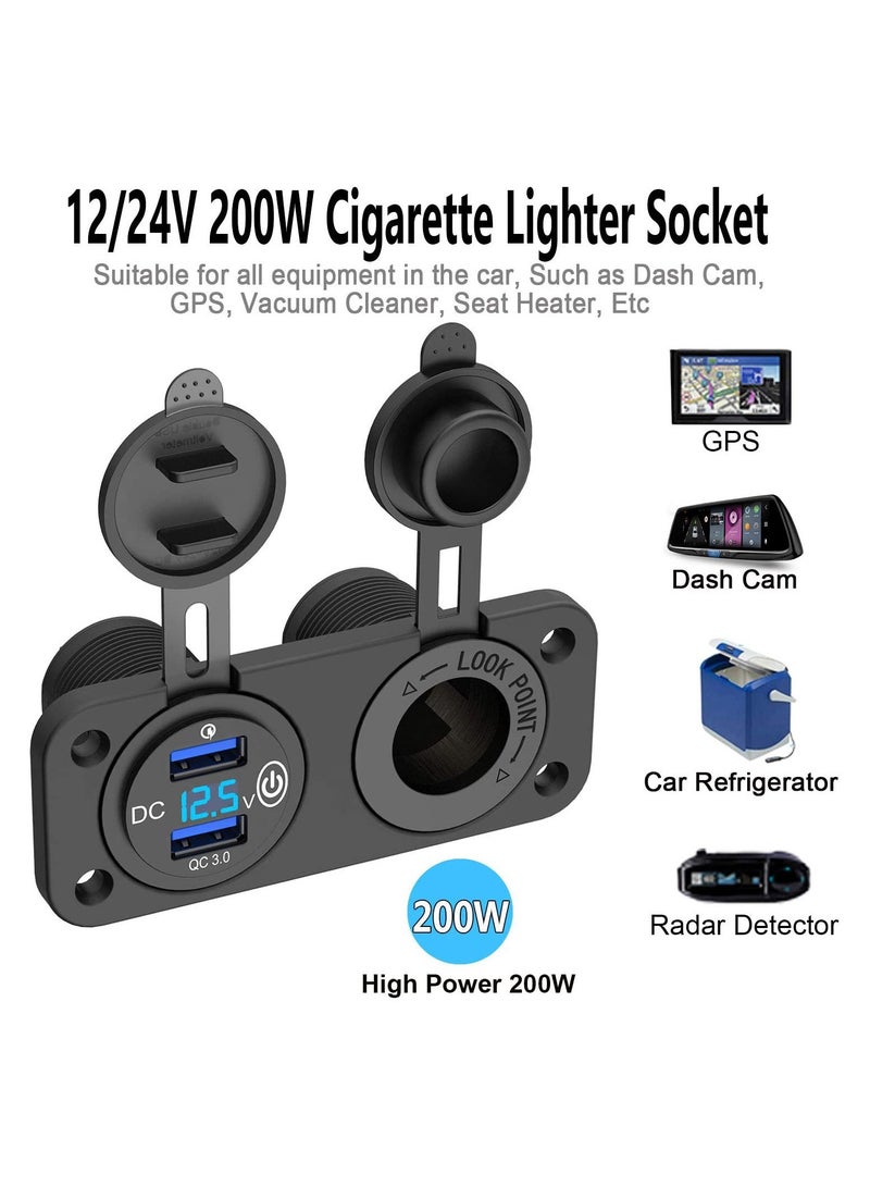 QC 3.0 Car USB Charger Socket with LED Voltmeter & Touch Switch, 12V/24V Power Outlet for Cars & Boats (Black) - Image 2