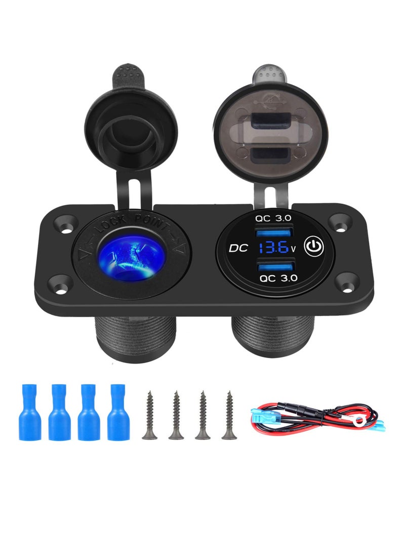 QC 3.0 Car USB Charger Socket with LED Voltmeter & Touch Switch, 12V/24V Power Outlet for Cars & Boats (Black) - Image 1