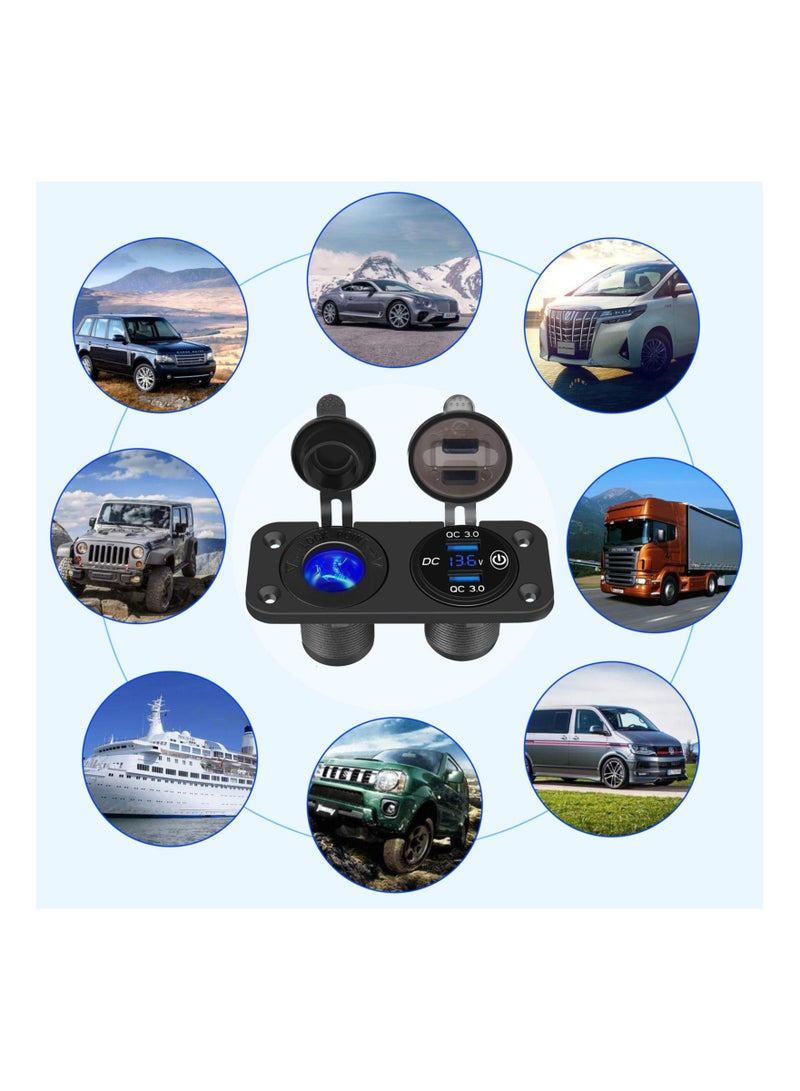 QC 3.0 Car USB Charger Socket with LED Voltmeter & Touch Switch, 12V/24V Power Outlet for Cars & Boats (Black) - Image 4