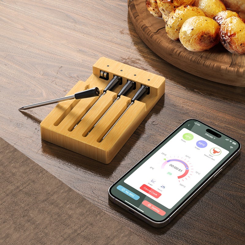 98FT Wireless Meat Thermometer BT Smart APP Control 4 Probes Meat Thermometer for Grilling and Smoking Waterproof Type-C Rechargeable Food Cooking Thermometer for BBQ Oven Grill Smoker - Image 4