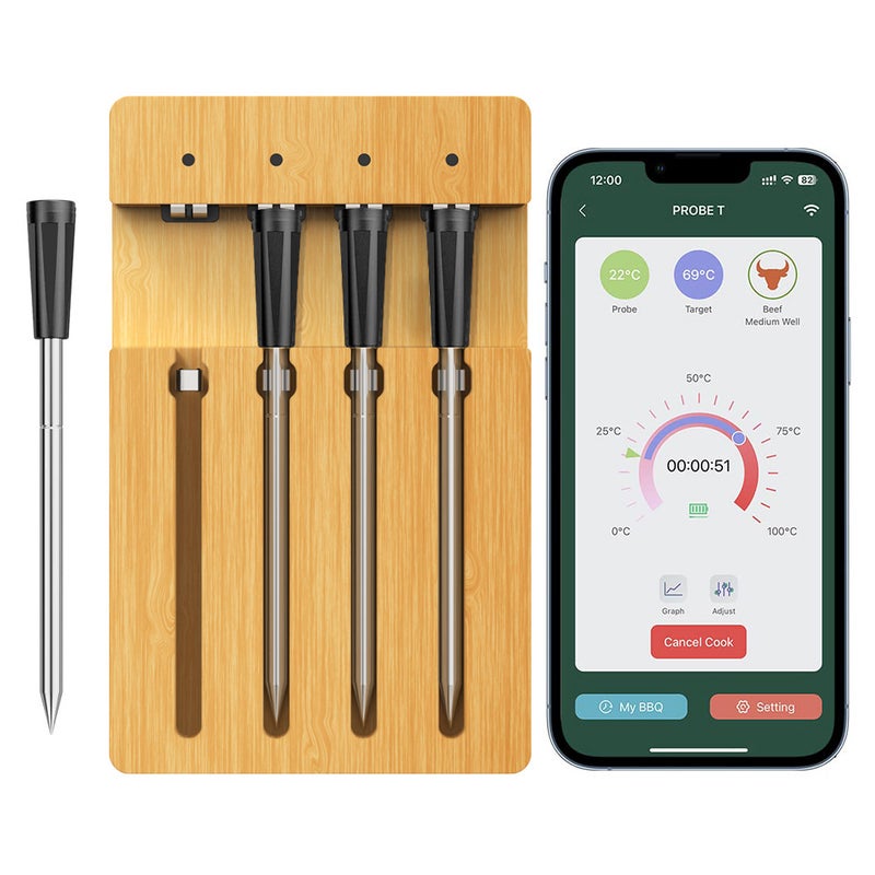 98FT Wireless Meat Thermometer BT Smart APP Control 4 Probes Meat Thermometer for Grilling and Smoking Waterproof Type-C Rechargeable Food Cooking Thermometer for BBQ Oven Grill Smoker - Image 1