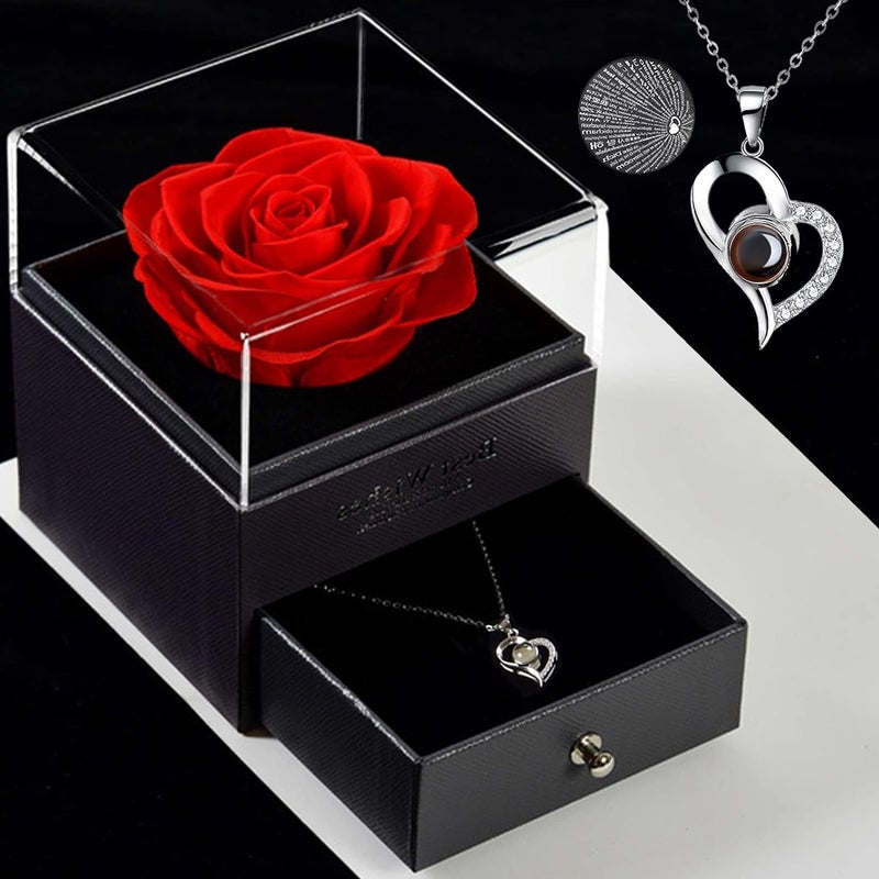 OTIPORTER OTIPORTER Preserved Real Rose Handmade Preserved Rose with I Love You Necklace 100 Languages Artificial Enchanted Real Rose Flower Love Memory Necklace Gifts for Birthday Anniversary Valentines Day  - Image 4