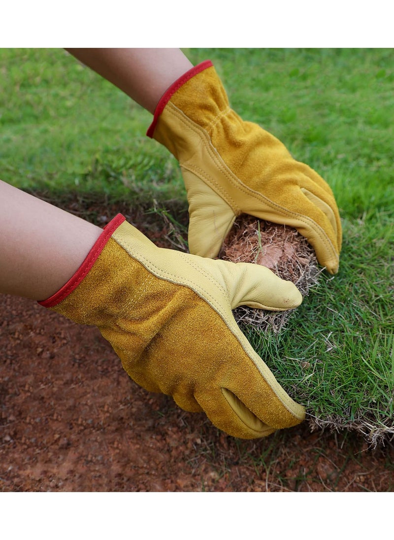 Excefore Leather Work Gloves,  Heavy Duty Gardening Gloves, Tough Cowhide Garden Gloves Thorn Proof Work Gloves for Garden Tools Pruning Shears Bricklaying, Ladies and Men (Large, Gold, 1 Pairs)  - Image 4
