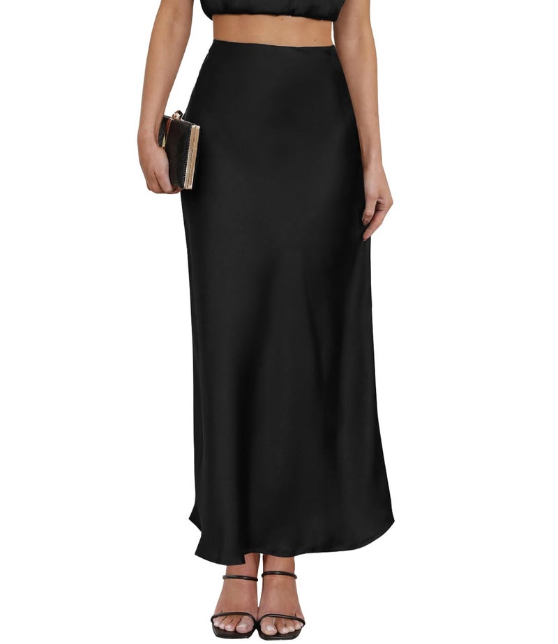 Teddify Women's Satin Maxi Skirt High Waisted Elastic Waistband Silk A-Line Casual Party Leopard Print Long Skirts for Women (Black, Small) - Image 1