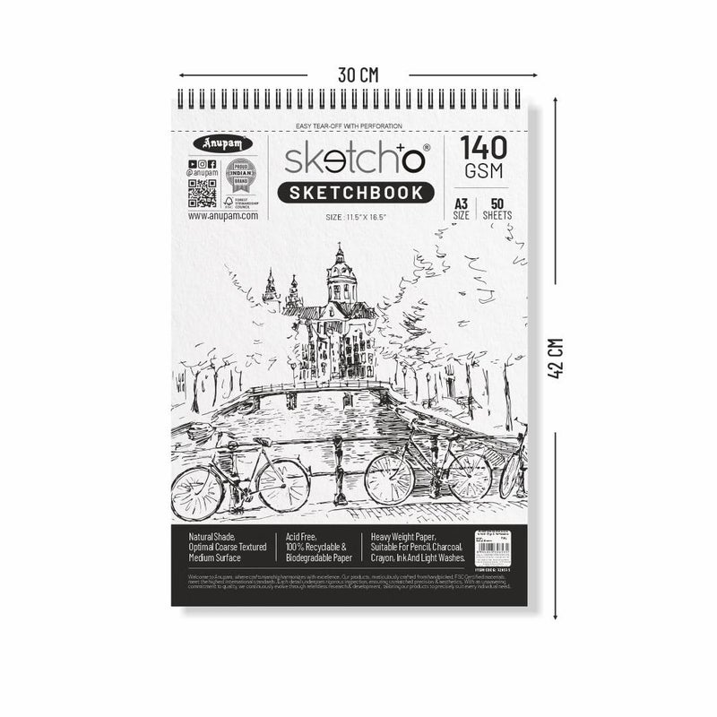 Anupam SketchO Sketch Book A3 Top Wiro Bound Drawing book Acid Free Paper 140 GSM for Artists Professional 50 Sheets 100 Pages - Image 2