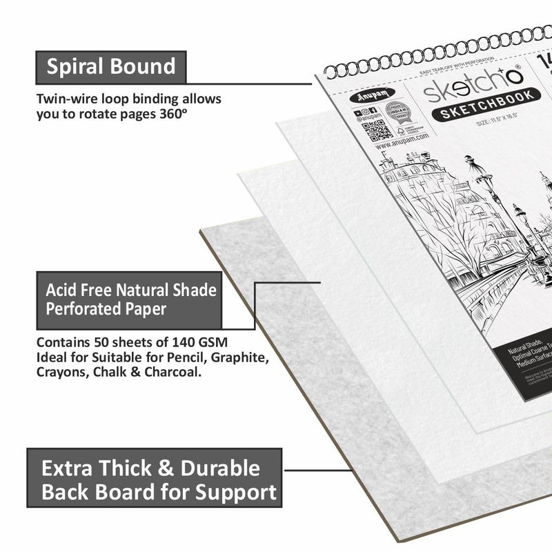 Anupam SketchO Sketch Book A3 Top Wiro Bound Drawing book Acid Free Paper 140 GSM for Artists Professional 50 Sheets 100 Pages - Image 3