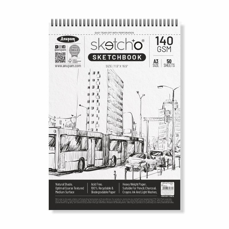 Anupam SketchO Sketch Book A3 Top Wiro Bound Drawing book Acid Free Paper 140 GSM for Artists Professional 50 Sheets 100 Pages - Image 1