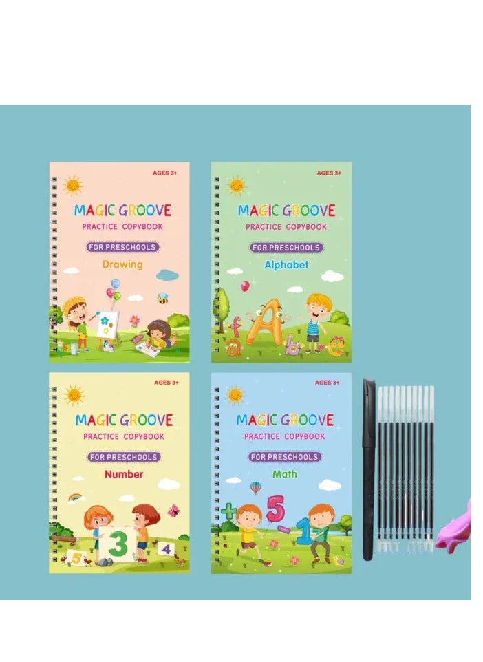 TWEGGON - 4Pcs Magic Books Handwriting Workbook Notebooks Calligraphy Reusable Copybook Writing Montessori Exercise Note Pad (4 Books + 1 Pen + 10 Refills) - Image 1