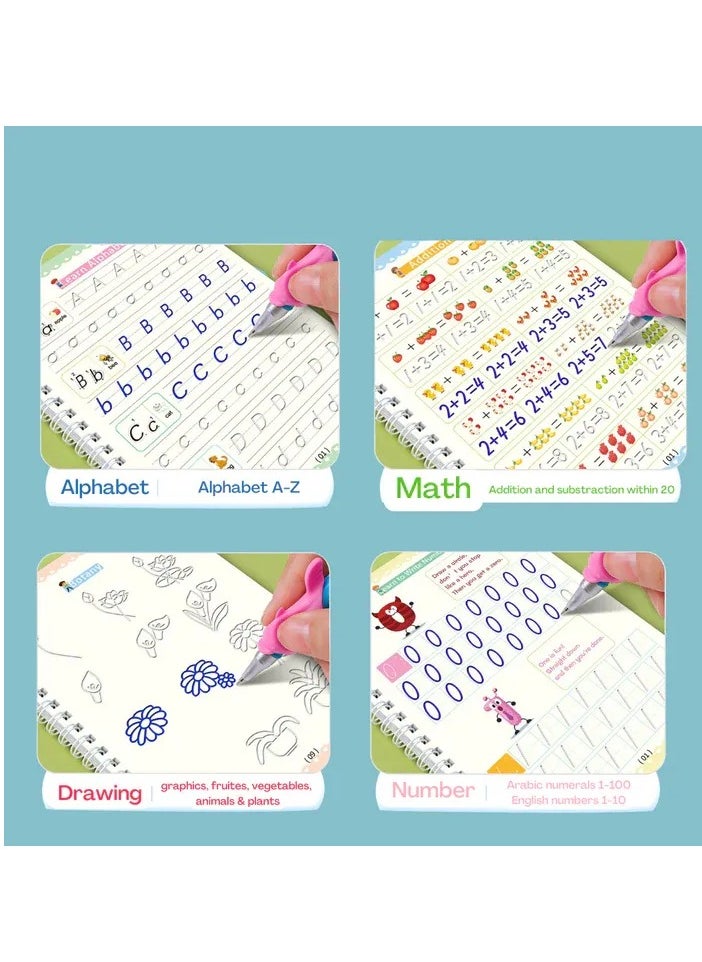 TWEGGON - 4Pcs Magic Books Handwriting Workbook Notebooks Calligraphy Reusable Copybook Writing Montessori Exercise Note Pad (4 Books + 1 Pen + 10 Refills) - Image 1