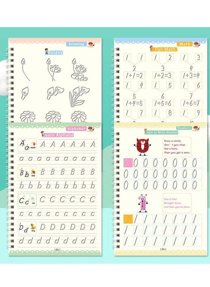 TWEGGON - 4Pcs Magic Books Handwriting Workbook Notebooks Calligraphy Reusable Copybook Writing Montessori Exercise Note Pad (4 Books + 1 Pen + 10 Refills) - Image 1
