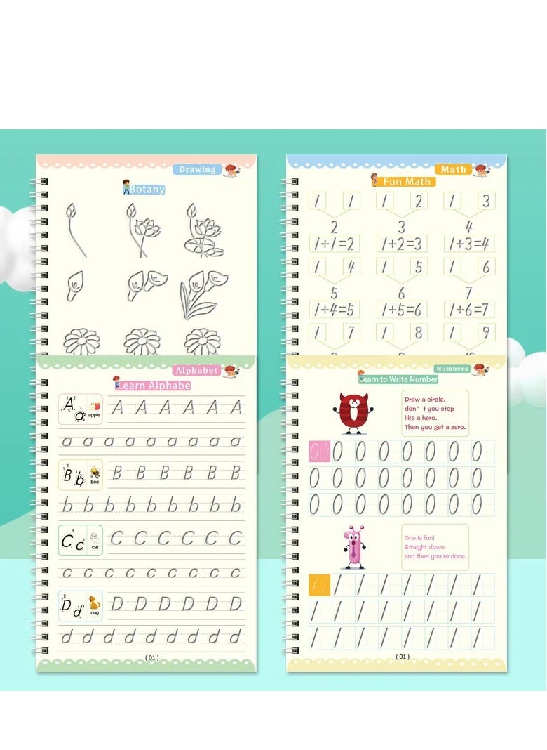 TWEGGON - 4Pcs Magic Books Handwriting Workbook Notebooks Calligraphy Reusable Copybook Writing Montessori Exercise Note Pad (4 Books + 1 Pen + 10 Refills) - Image 1