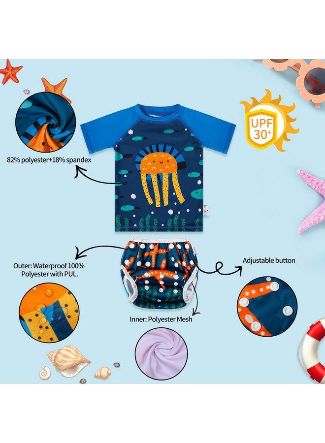 ALVABABY ALVABABY 2-Piece Baby Boy Swimsuit,Infant Toddler Bathing Short Sleeve Swimwear,Baby Reusable Swim Diaper with Matching Top 3T ZSWCJD05 - Image 2