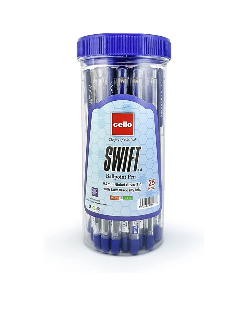 Cello Cello Swift Ball Pen 0.7mm Jar Of 25Pc Blue, Nickel Silver Tip With Low Viscosity Ink. - Image 1
