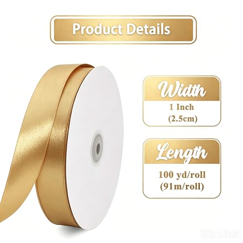 TONIFUL 1 Inch x 100yds Gold Satin Ribbon Thin Solid Color Satin Ribbon for Gift Wrapping Crafts Hair Bows Making Wedding Party Decoration Sewing Invitation Cards Floral Bouquets Christmas - Image 3