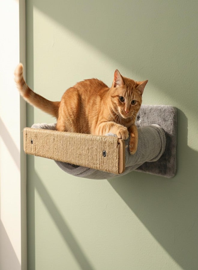 FURRLOVERS Wall-Mounted Cat Perch with Scratching Post, Plush Cushion, Beige and Grey, Space-Saving Hammock Bed, (24X6 INCH) FURR- 151 (Grey) - Image 1