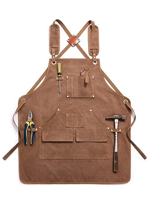 Canvas Apron, Kitchen Chef Apron with Pockets, Heavy Duty  Apron Work Apron for Woodworking Painting Crafting Cooking Bartenders(Brown)