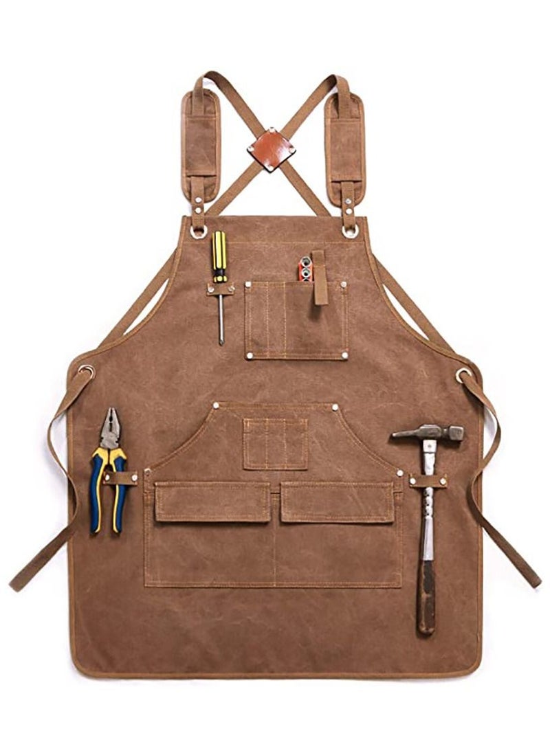 Canvas Apron, Kitchen Chef Apron with Pockets, Heavy Duty  Apron Work Apron for Woodworking Painting Crafting Cooking Bartenders(Brown)
