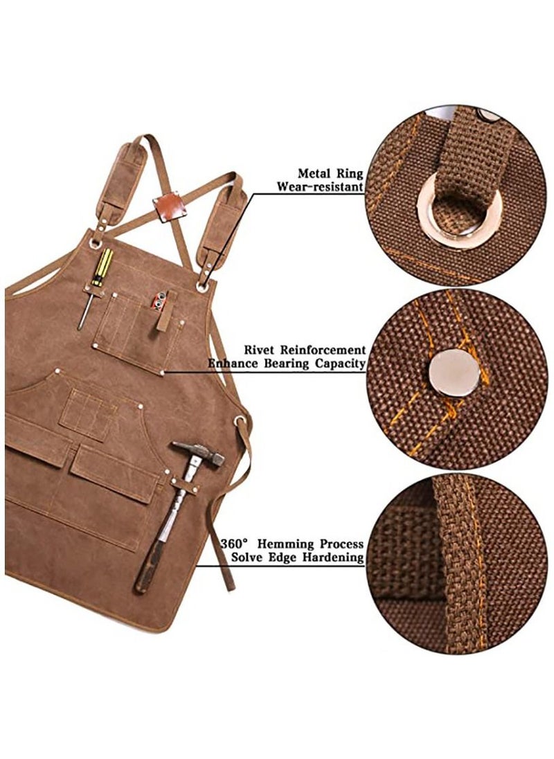 Canvas Apron, Kitchen Chef Apron with Pockets, Heavy Duty  Apron Work Apron for Woodworking Painting Crafting Cooking Bartenders(Brown)