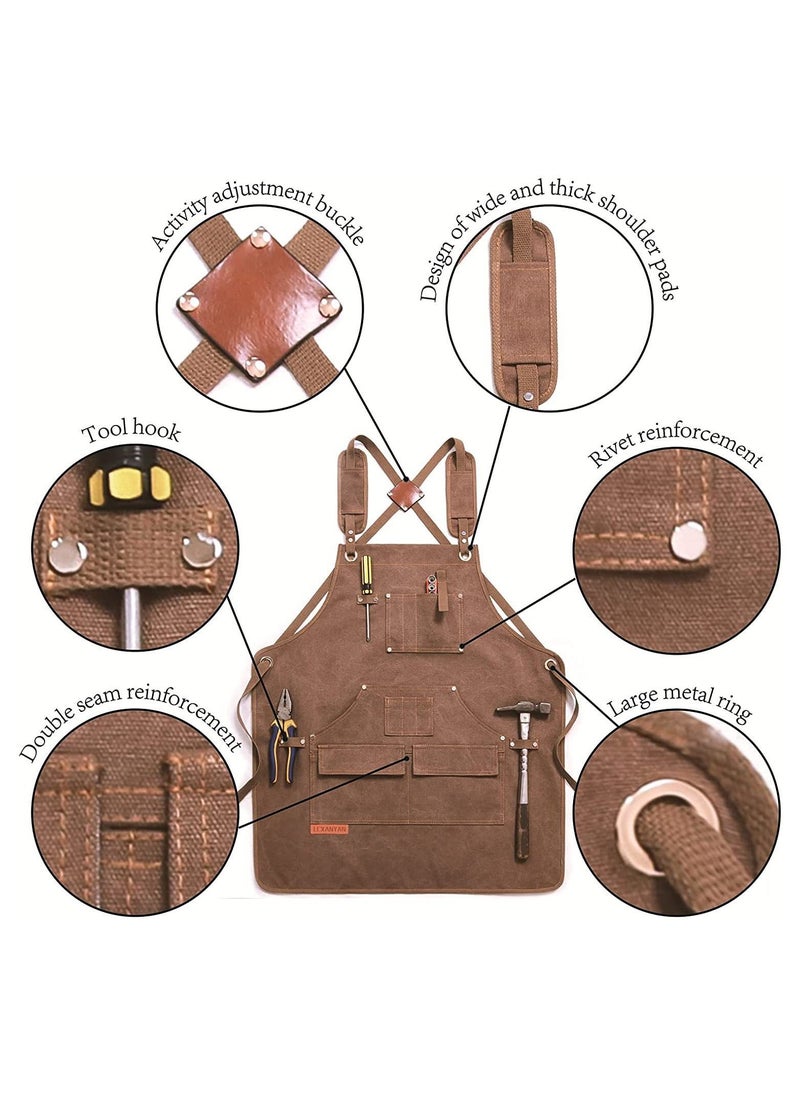 Canvas Apron, Kitchen Chef Apron with Pockets, Heavy Duty  Apron Work Apron for Woodworking Painting Crafting Cooking Bartenders(Brown)